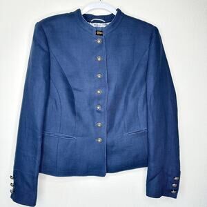 Loden Plankl Denim Blue Linen Band Neck Silver Decorative Buttons Blazer Jacket